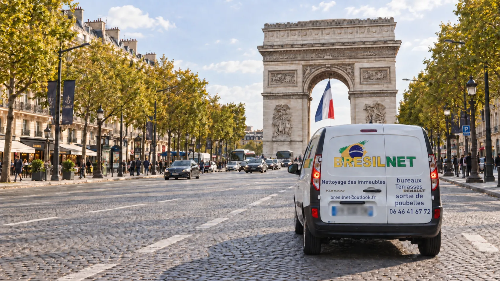 Véhicule BRESILNET devant l’Arc de Triomphe à Paris