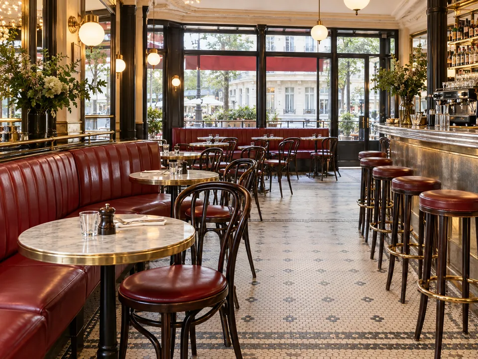 Brasserie parisienne avec banquettes rouges, tables de bistrot et comptoir en zinc