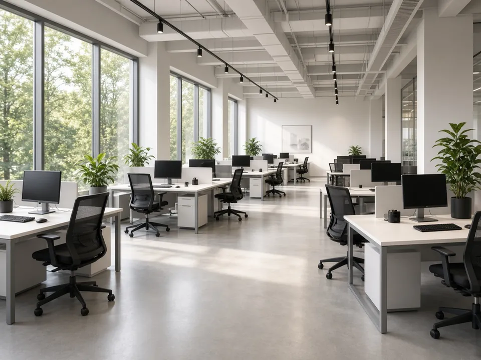 Espace de bureaux moderne après entretien