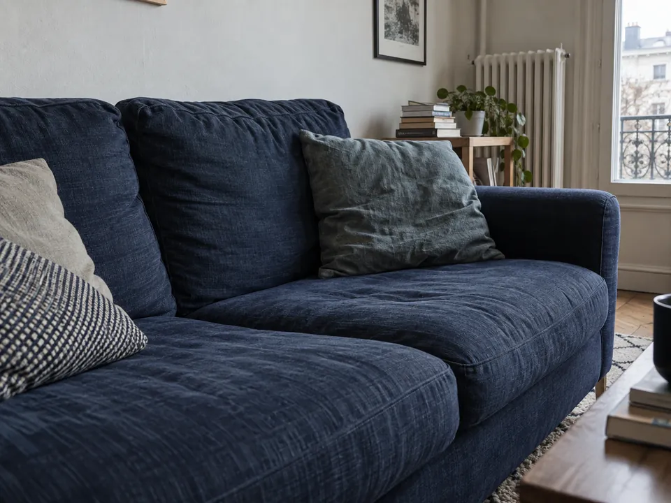 Canapé en tissu bleu et coussins dans un salon éclairé par une fenêtre