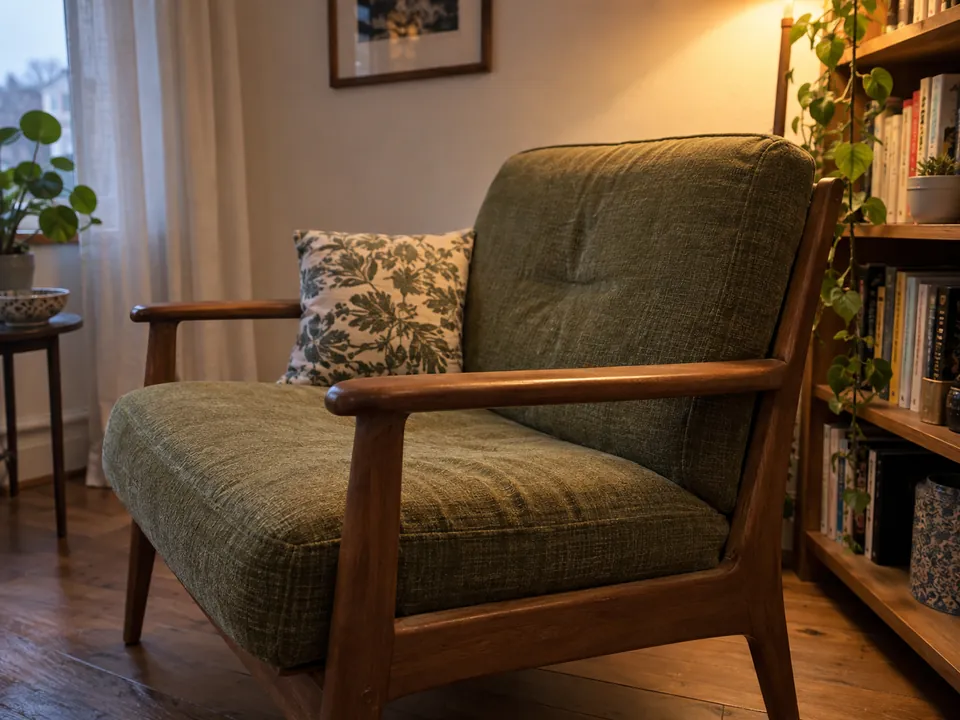Fauteuil en tissu vert olive avec accoudoirs en bois près d’une bibliothèque