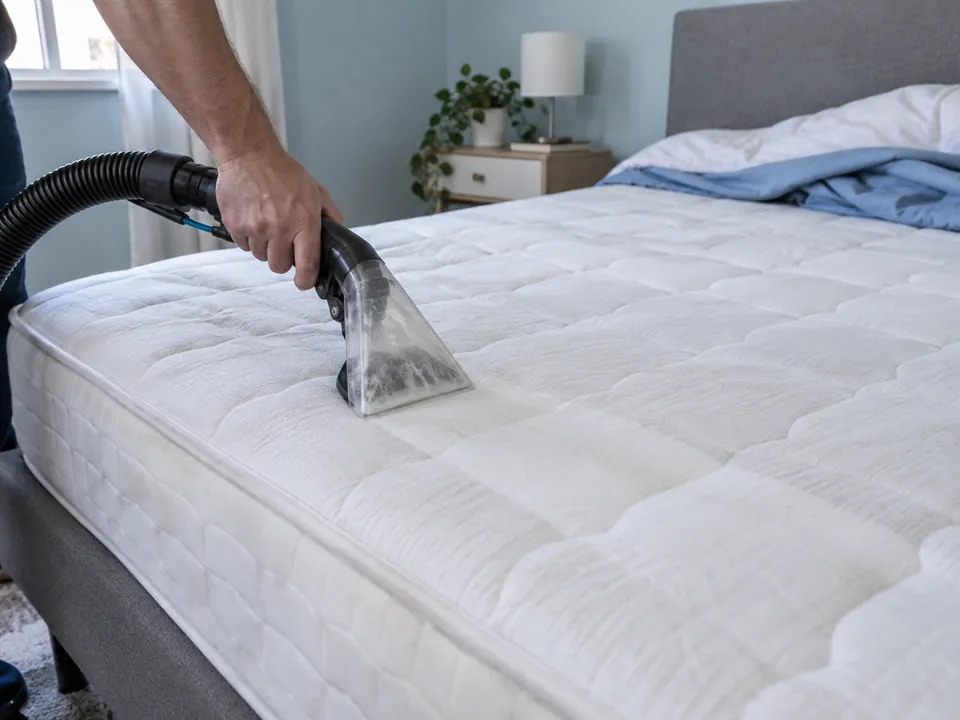 Nettoyage d’un matelas avec un embout d’extraction dans une chambre aux murs bleus