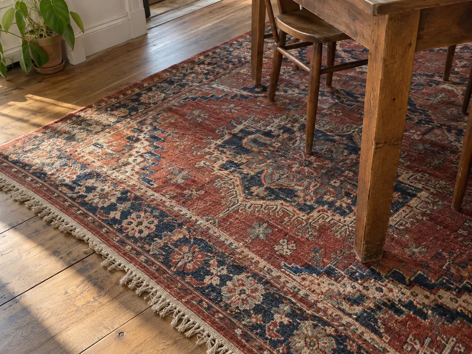 Tapis à motifs rouges et bleus sur un parquet ancien